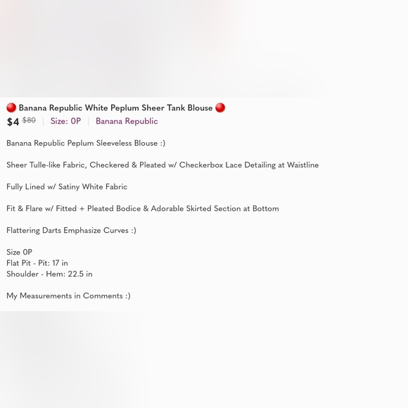 🔴 Banana Republic White Peplum Sheer Tank Blouse 🔴 - Picture 12 of 12